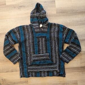 Frank’s Baja Hoodie XXL Teal Black Striped Mexican Pullover